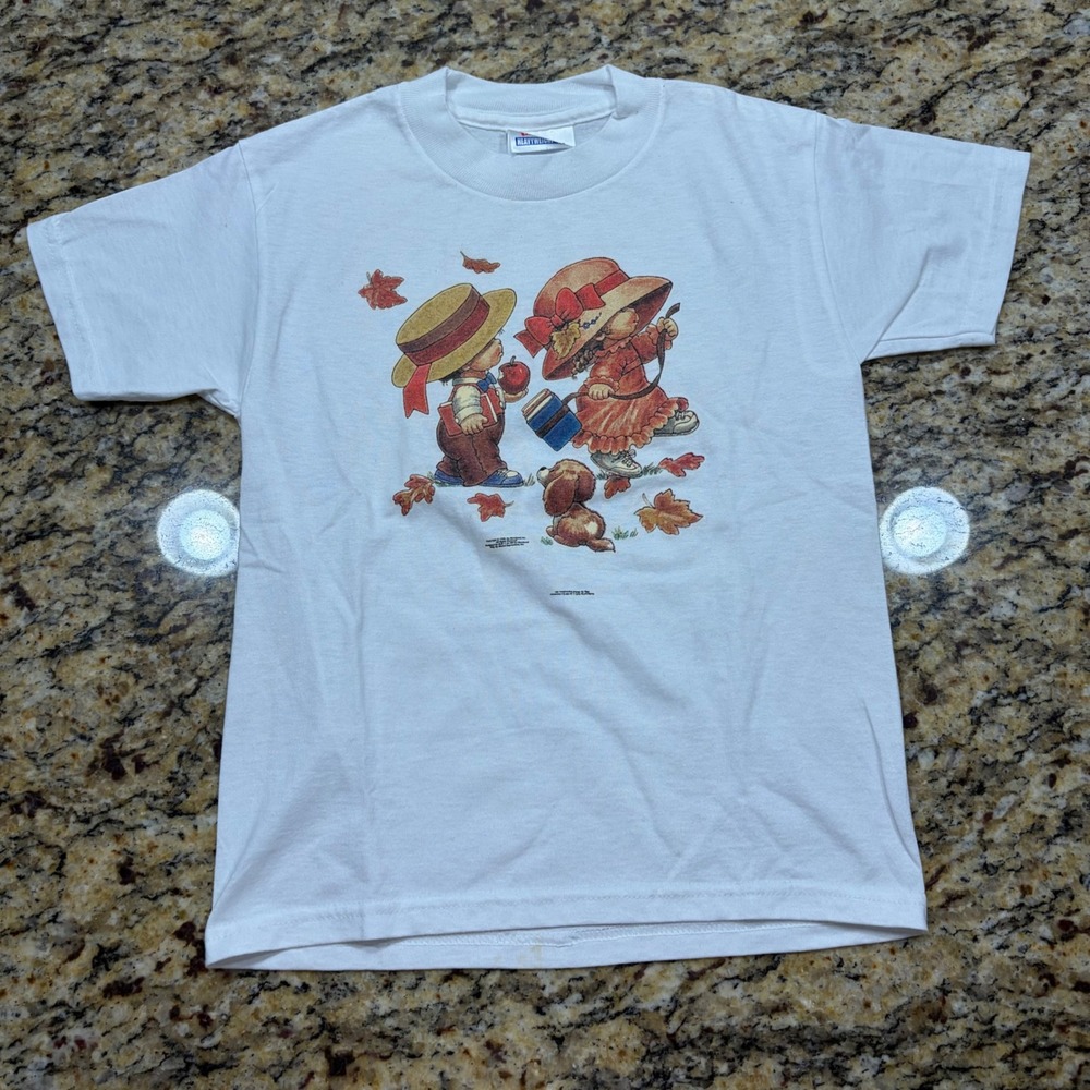 Vintage 1998 Hanes Morehead Kids Graphic T-Shirt White Youth Small Autumn v